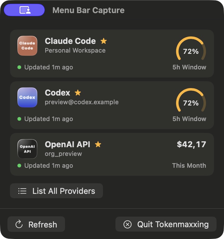 Tokenmaxxing menu-card fixture with Claude Code, Codex and OpenAI API