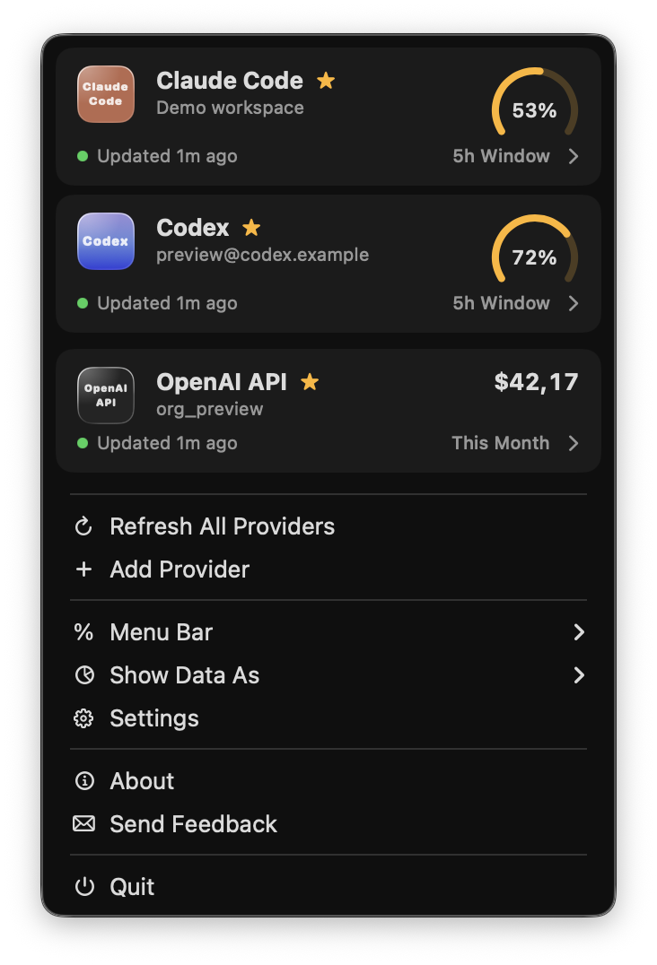 Real Tokenmaxxing macOS menu with Claude Code, Codex and OpenAI API demo providers